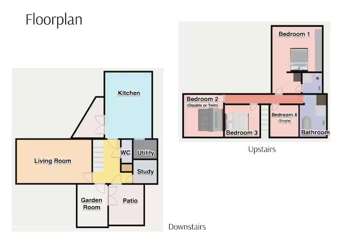 Floor plan. Downstairs: living room, kitchen, WC, utility, study, garden room and patio. Upstairs: four bedrooms and a bathroom.